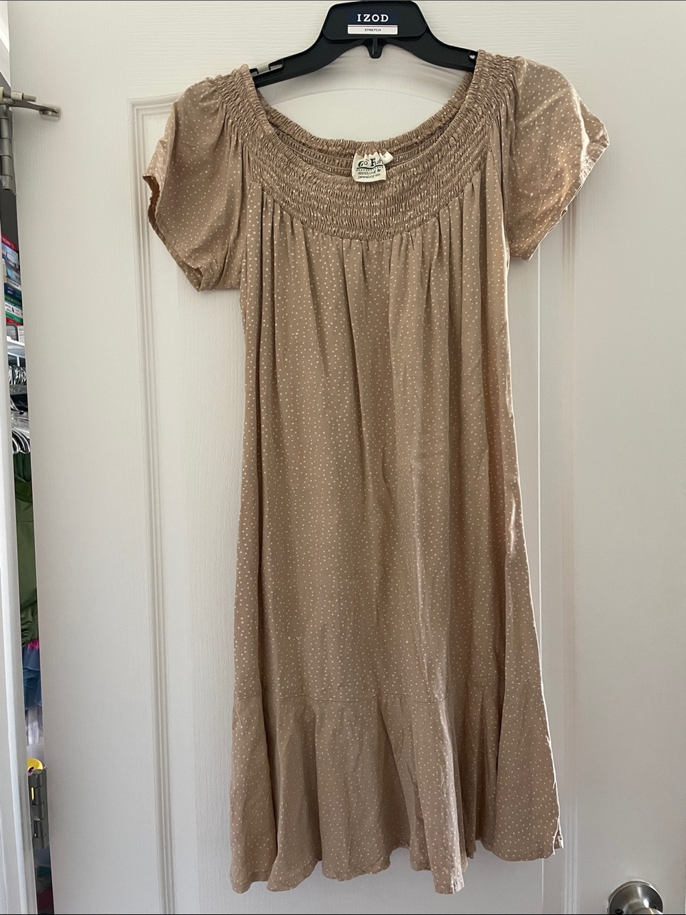 Boho Smocked Neck Beige Polka Dot Dress